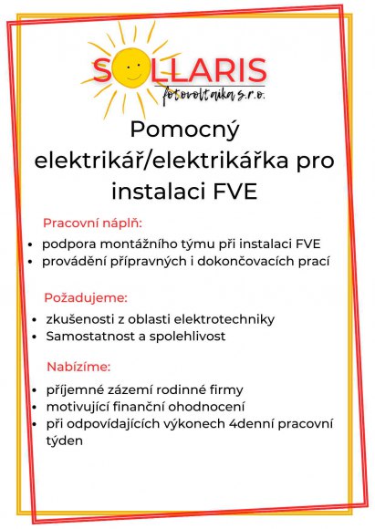 Pomocný elektrikář_elektrikářka pro instalaci FVE v SOLLARIS fotovoltaika s.r.o.