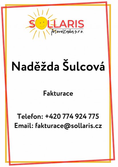 Naděžda Šulcová, fakturace SOLLARIS fotovoltaika s.r.o.